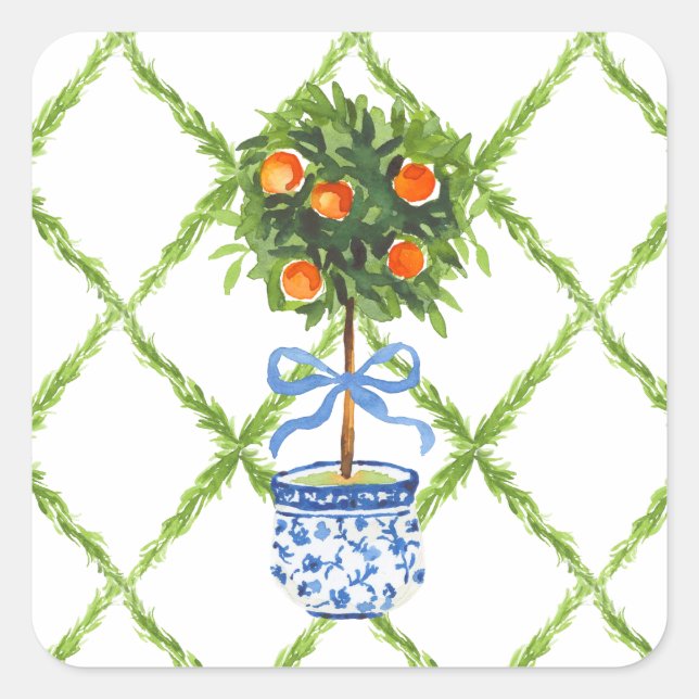 Pegatina Cuadrada Chinoiserie Naranja Citrus Topiary (Anverso)