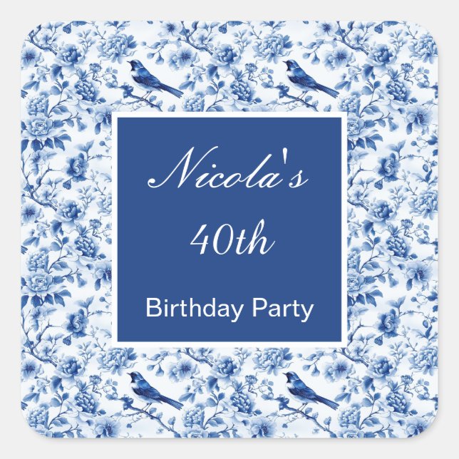 Pegatina Cuadrada Chinoiserie Pájaros Azules y Flores Cumpleaños (Anverso)