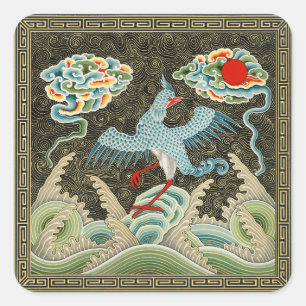 Pegatina Cuadrada Chinoiserie Patrón de grulla dorada y ola marina