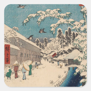 Pegatina Cuadrada Chinoiserie Ukiyo-e Paisaje Japonés de Invierno co