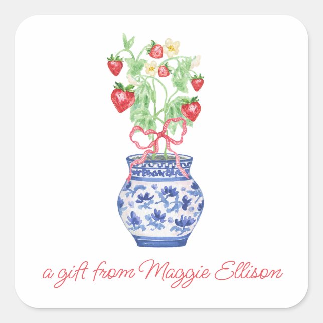 Pegatina Cuadrada Chinoiserie Vase of Red Strawberries Gift (Anverso)