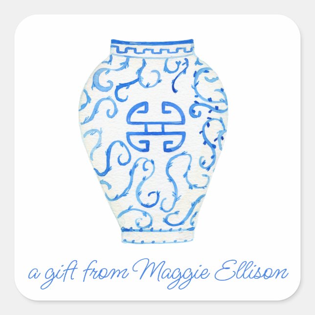 Pegatina Cuadrada Chinoiserie Watercolor Ginger Vase Gift Pegatinas (Anverso)