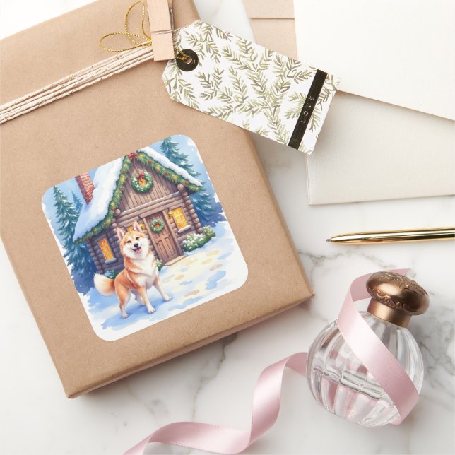 Pegatina Cuadrada Chinook Rustic Log Cabin Christmas Art (Regalar)