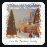 Pegatina Cuadrada Chintzy Village Christmas Trees Seasons Greetings<br><div class="desc">¡Saludos de temporada! Diseño de estilo vintage chintage con árboles de Navidad en una nevada plaza de pueblo con gente del lugar haciendo compras y divirtiéndose. La imagen está angustiada alrededor de los bordes y se desintegra en un patrón que cubre la parte exterior del diseño. Siéntase libre de personalizar...</div>