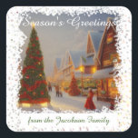 Pegatina Cuadrada Chintzy Village Christmas Trees Seasons Greetings<br><div class="desc">¡Saludos de temporada! Diseño de estilo vintage chintage con árboles de Navidad en una nevada plaza de pueblo con gente del lugar haciendo compras y divirtiéndose. La imagen está angustiada alrededor de los bordes y se desintegra en un patrón que cubre la parte exterior del diseño. Siéntase libre de personalizar...</div>