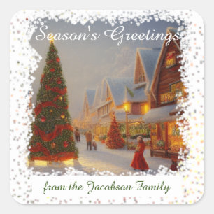 Pegatina Cuadrada Chintzy Village Christmas Trees Seasons Greetings