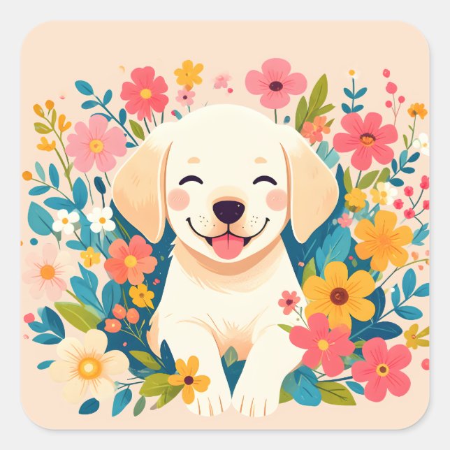 Pegatina Cuadrada chiot labrador jaune au milieu des fleurs (Anverso)