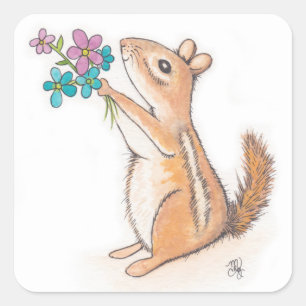 Pegatina Cuadrada Chipmunk con Bouquet de flores