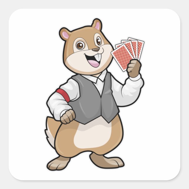 Pegatina Cuadrada Chipmunk en Poker con tarjetas de póker (Anverso)