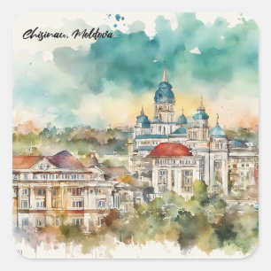 Pegatina Cuadrada Chisinau Moldavia Pintura Acuarela Vista de la Ciu