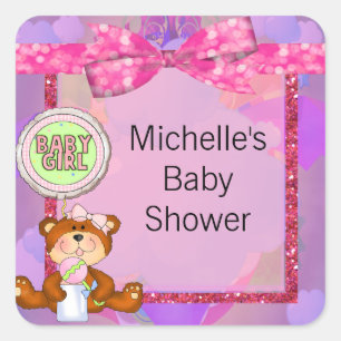 Pegatina Cuadrada Chispa Baby Shower del purpurina del chica del oso