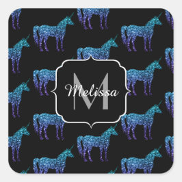 Pegatina Cuadrada Chispas de unicornio patrón de ombre azul acua Mon