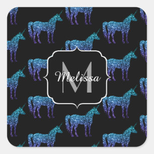 Pegatina Cuadrada Chispas de unicornio patrón de ombre azul acua Mon