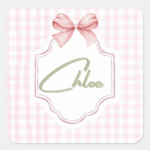 Pegatina Cuadrada Chloe Baby Nursery personalizado Bow&Gingham