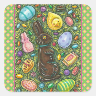 PEGATINA CUADRADA CHOCOLATE BUNNY, CHICK, HUEVOS, JELLY BEANS