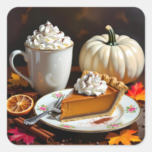 Pegatina Cuadrada Chocolate caliente, crema de calabaza y otoño de e