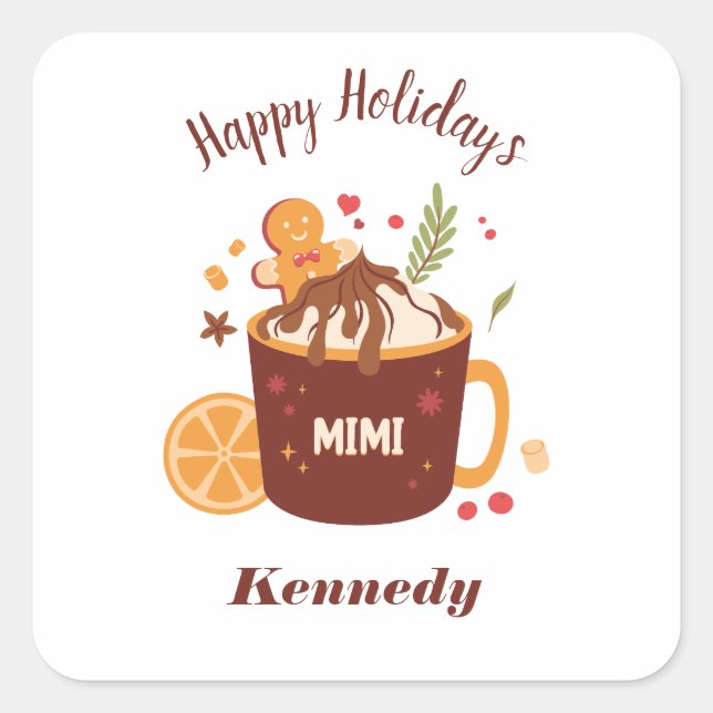 Pegatina Cuadrada Chocolate caliente lindo con pan de jengibre (Anverso)