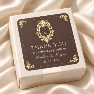 Pegatina Cuadrada Chocolate Marrón Barroco Agradecimiento Boda
