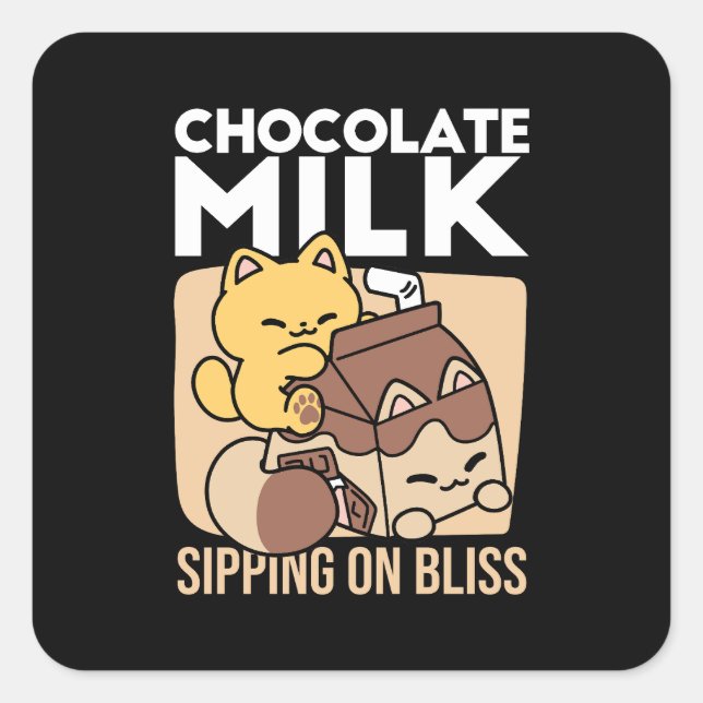 Pegatina Cuadrada Chocolate Milk Sipping on Bliss – Kawaii Cat Food  (Anverso)