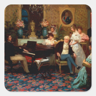 Pegatina Cuadrada Chopin jugando al piano