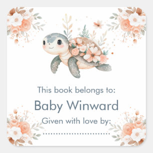 Pegatina Cuadrada Chorreada Floral Tortuga Baby Shower