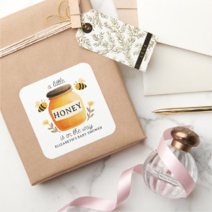 Pegatina Cuadrada Chorreado de Miel y Abejas para Baby Shower 