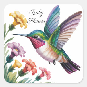 Pegatina Cuadrada Chorreante Cumpleaños Floral de Bebé Pájaro Mosca