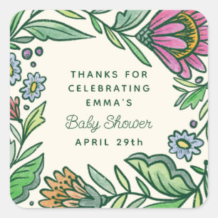 Pegatina Cuadrada Chorreo de bebé floral folclórico escandinavo artí