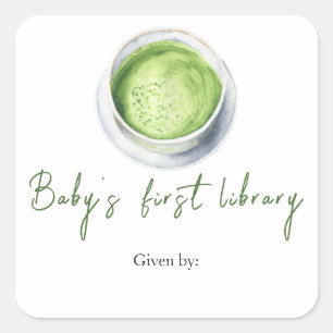 Pegatina Cuadrada Chorreo de Matcha Baby shower - primera biblioteca