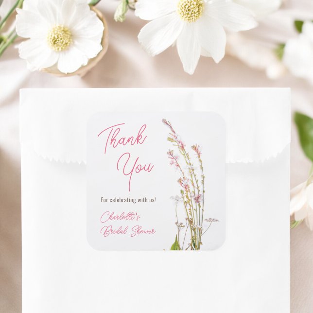 Pegatina Cuadrada Chorreo de novia agradecido con flores silvestres  (Modern boho wildflowers thank you bridal shower square sticker)