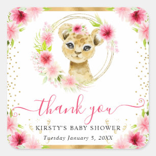 Pegatina Cuadrada Chorro de acuarela Jungla Lion Floral Baby Shower