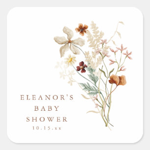Pegatina Cuadrada Chorro de flores silvestres para baby shower sin g