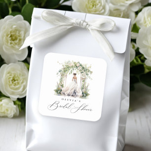 Pegatina Cuadrada Chorro de Novia Floral de Vegetación en Acuarela