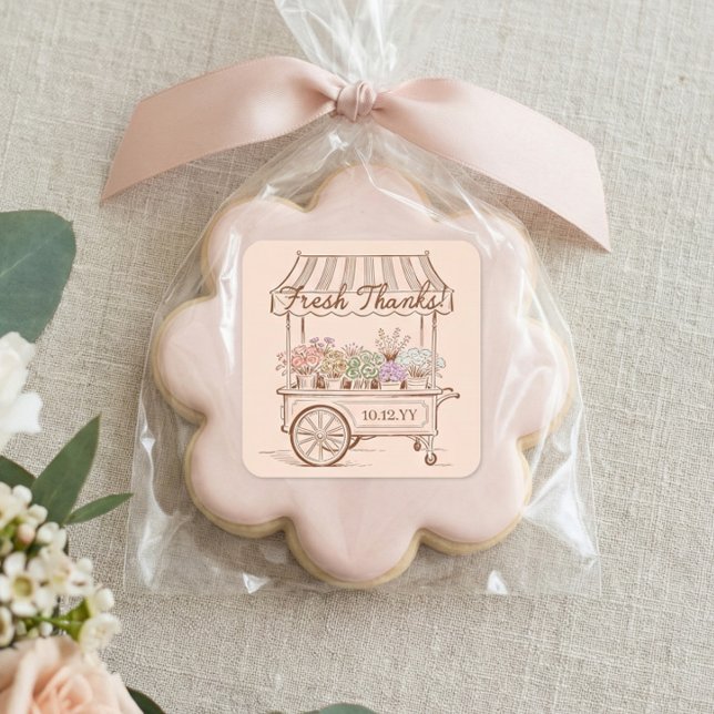 Pegatina Cuadrada Chorro Floral Fresco Fuera del Mercado Despedida d (Fresh Off The Market Floral Cart Bridal Shower Square Sticker)