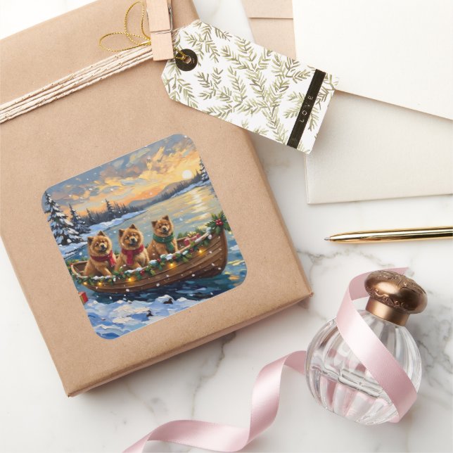 Pegatina Cuadrada Chow Chow Christmas Boat Holiday (Regalar)
