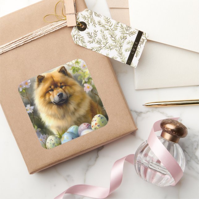 Pegatina Cuadrada Chow Chow con festividad de huevos de Pascua (Regalar)