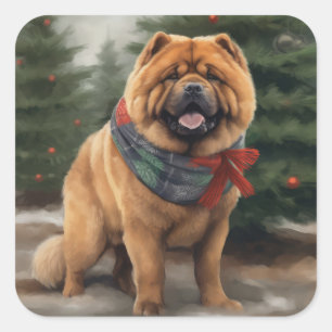 Pegatina Cuadrada Chow Chow Dog en Navidades de nieve