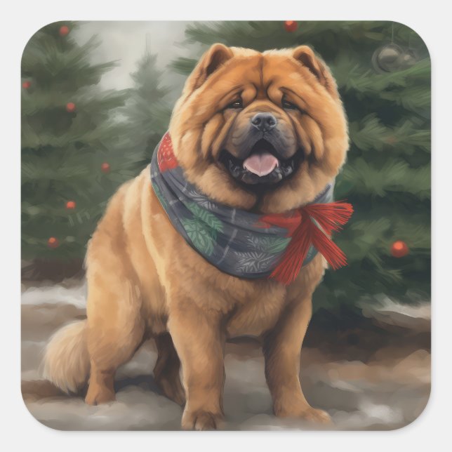 Pegatina Cuadrada Chow Chow Dog en Navidades de nieve (Anverso)