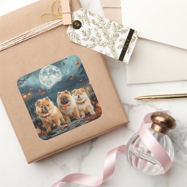 Pegatina Cuadrada Chow Chow Halloween Espeluznante (Regalar)