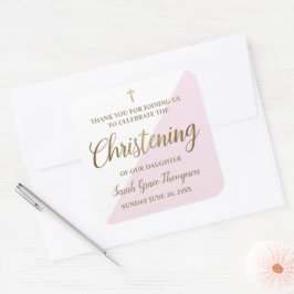 Pegatina Cuadrada Christening personalizado Blanco rosa dorado moder
