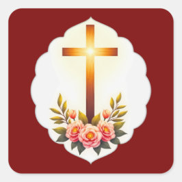Pegatina Cuadrada Christian Easter Cross with Flowers – Autocolante