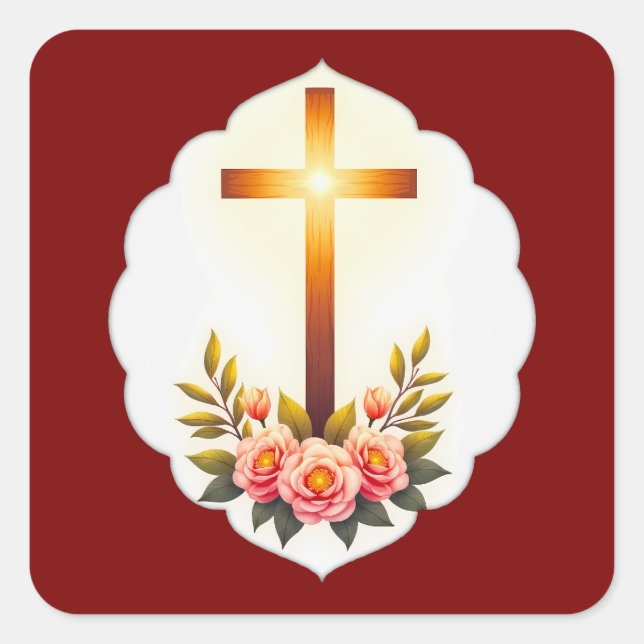 Pegatina Cuadrada Christian Easter Cross with Flowers – Autocolante (Anverso)