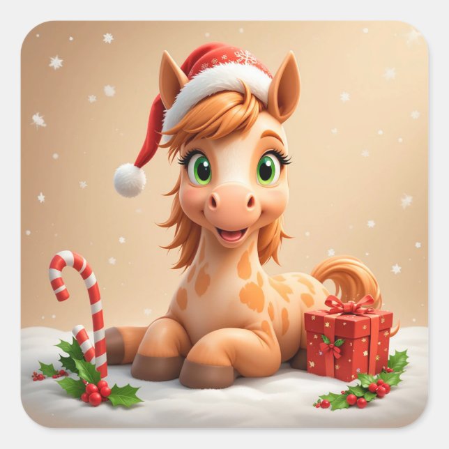 Pegatina Cuadrada Christine Personalizado Horse con Santa Hat (Anverso)