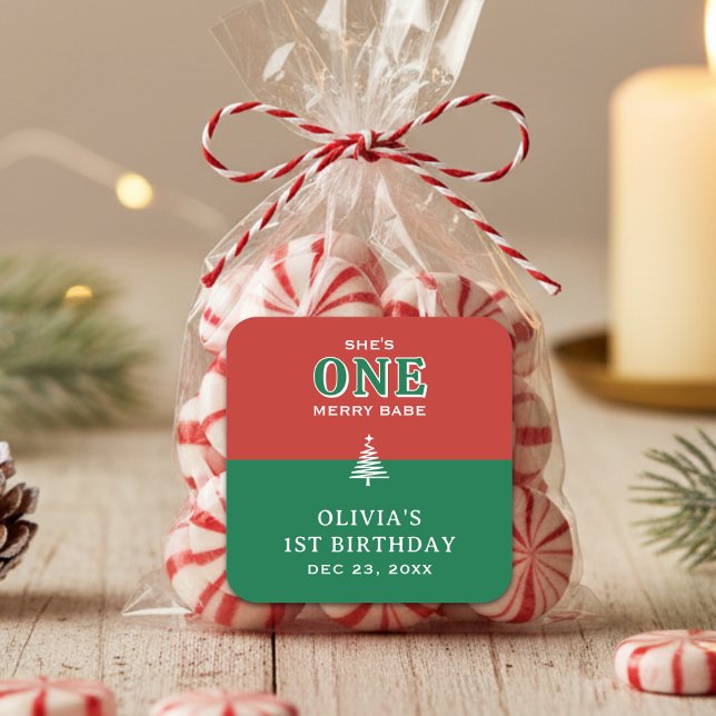 Pegatina Cuadrada Christmas 1st Birthday Party Festive Red & Green (Christmas 1st Birthday Party Festive Red & Green Square Sticker
)
