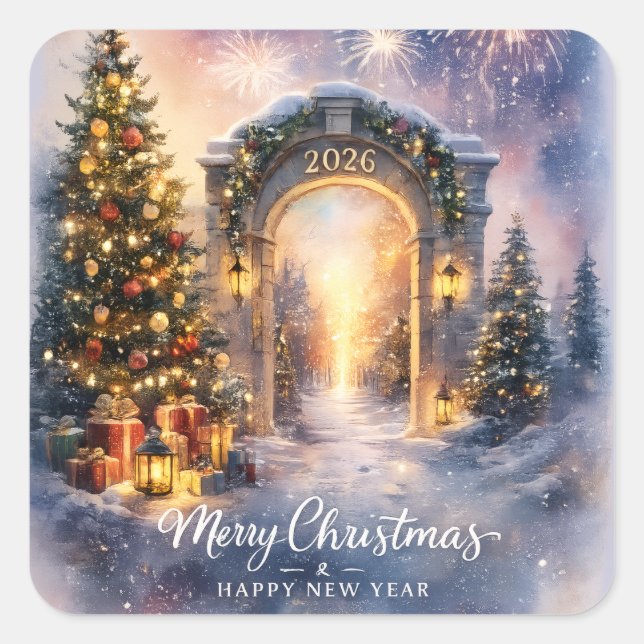 Pegatina Cuadrada Christmas 2026 Winter Gateway Festive Holiday Art (Anverso)
