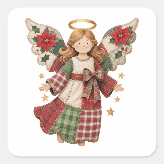 Pegatina Cuadrada Christmas Angel with Golden Stars (Anverso)