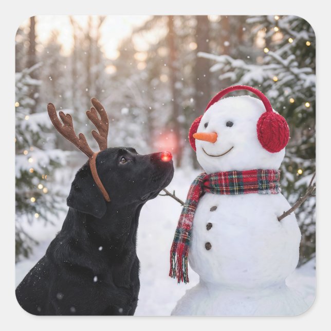 Pegatina Cuadrada Christmas Black Labrador Retriever with Snowman (Anverso)