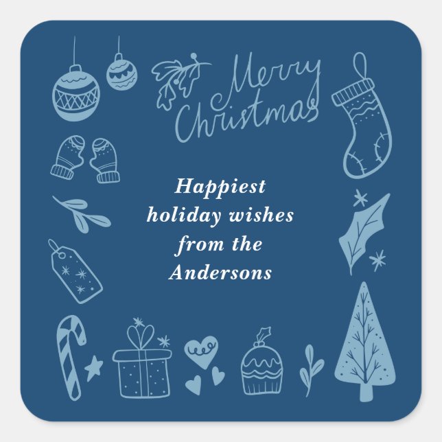 Pegatina Cuadrada Christmas Blue Cute Festive Hand Drawn Doodles (Anverso)