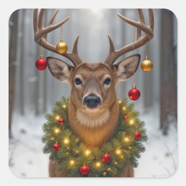 Pegatina Cuadrada Christmas Buck Wearing a Glowing Wreath (Anverso)