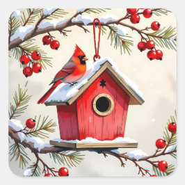 Pegatina Cuadrada Christmas Cardinal Birdhouse snowy pine branch 